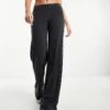 Monki Super Soft Low Waist Wide Leg Jersey Trousers In Charcoal Black For Women Grey