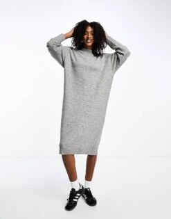 Monki Long Sleeve Knitted Midi Dress In Grey For Women -Monki Shop 205273023 1 grey 1