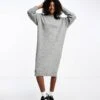 Monki Long Sleeve Knitted Midi Dress In Grey For Women