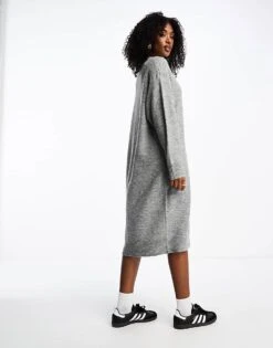 Monki Long Sleeve Knitted Midi Dress In Grey For Women -Monki Shop 205273023 2