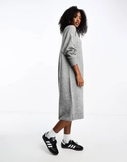 Monki Long Sleeve Knitted Midi Dress In Grey For Women -Monki Shop 205273023 4
