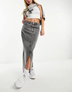 Monki Midi Denim Skirt In Grey For Women