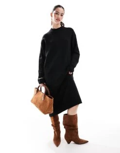 Monki Long Sleeve Knitted Midi Dress In Black For Women -Monki Shop 205273618 4