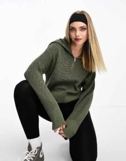 Monki High Zip Neck Knitted Sweater In Khaki For Women