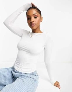 Monki Long Sleeve Boat Neck Top In White For Women -Monki Shop 205319019 3