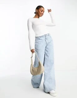 Monki Long Sleeve Boat Neck Top In White For Women -Monki Shop 205319019 4