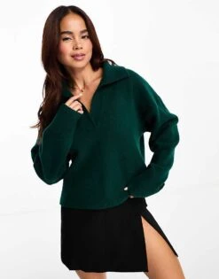 Monki Long Sleeve Collar Knitted Sweater In Dark Green For Women