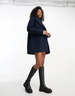 Monki Double Breasted Longline Jacket In Dark Blue For Women