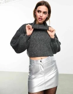 Monki Cropped High Neck Jumper In Dark Grey Melange For Women -Monki Shop 205340348 3