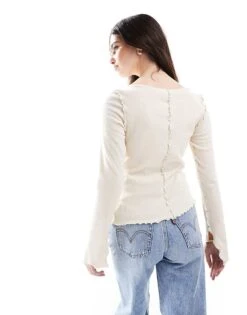 Monki Overlock Seam Detail Ribbed Jersey Top In Light Beige For Women -Monki Shop 205340522 3