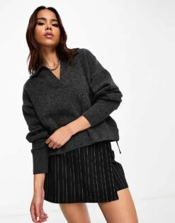 Monki Long Sleeve Collar Knitted Sweater In Dark Grey For Women Grey Melange