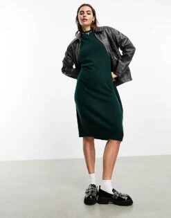 Monki Long Sleeve Knitted Midi Dress In Forest Green For Women -Monki Shop 205340646 2