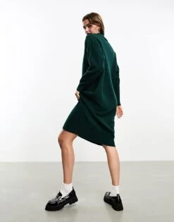 Monki Long Sleeve Knitted Midi Dress In Forest Green For Women -Monki Shop 205340646 4