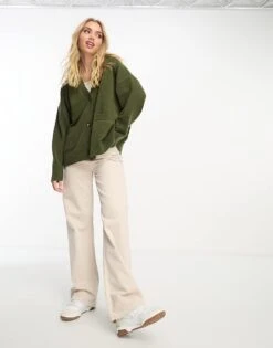 Monki Knit Button Front Cardigan In Khaki Green For Women -Monki Shop 205347562 2
