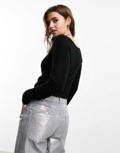 Monki Knitted Long Sleeve Boat Neck Top In Black For Women -Monki Shop 205347880 3