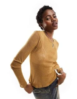 Monki Long Sleeve Sheer Top In Mustard Brown For Women -Monki Shop 205348050 1 mustardbrown 1