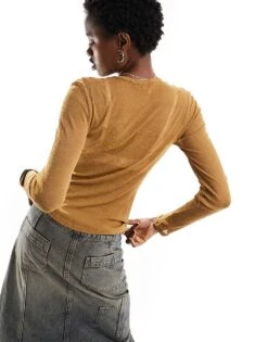 Monki Long Sleeve Sheer Top In Mustard Brown For Women -Monki Shop 205348050 4