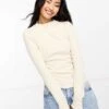 Monki Long Sleeve Lettuce Edge High Neck Top In Beige For Women