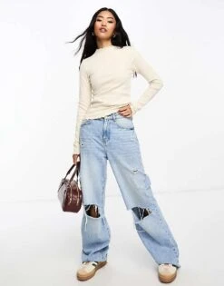 Monki Long Sleeve Lettuce Edge High Neck Top In Beige For Women -Monki Shop 205363035 3