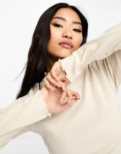 Monki Long Sleeve Lettuce Edge High Neck Top In Beige For Women -Monki Shop 205363035 4