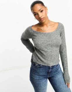 Monki Knitted Long Sleeve Boat Neck Top In Grey Marl For Women