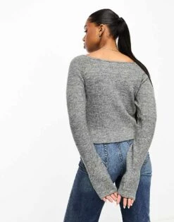 Monki Knitted Long Sleeve Boat Neck Top In Grey Marl For Women -Monki Shop 205363982 3