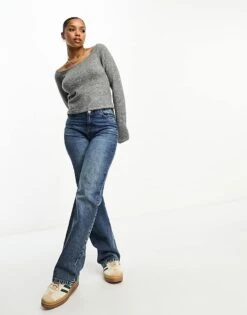 Monki Knitted Long Sleeve Boat Neck Top In Grey Marl For Women -Monki Shop 205363982 4