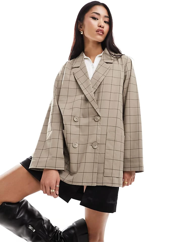 Monki Double Breasted Blazer In Beige Check For Women Light Brown/black 3 Monki Double Breasted Blazer In Beige Check For Women Light Brown/black