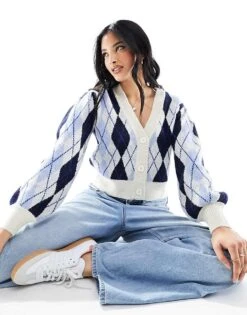 Monki Soft Knit Cardigan In Blue Argyle Check For Women