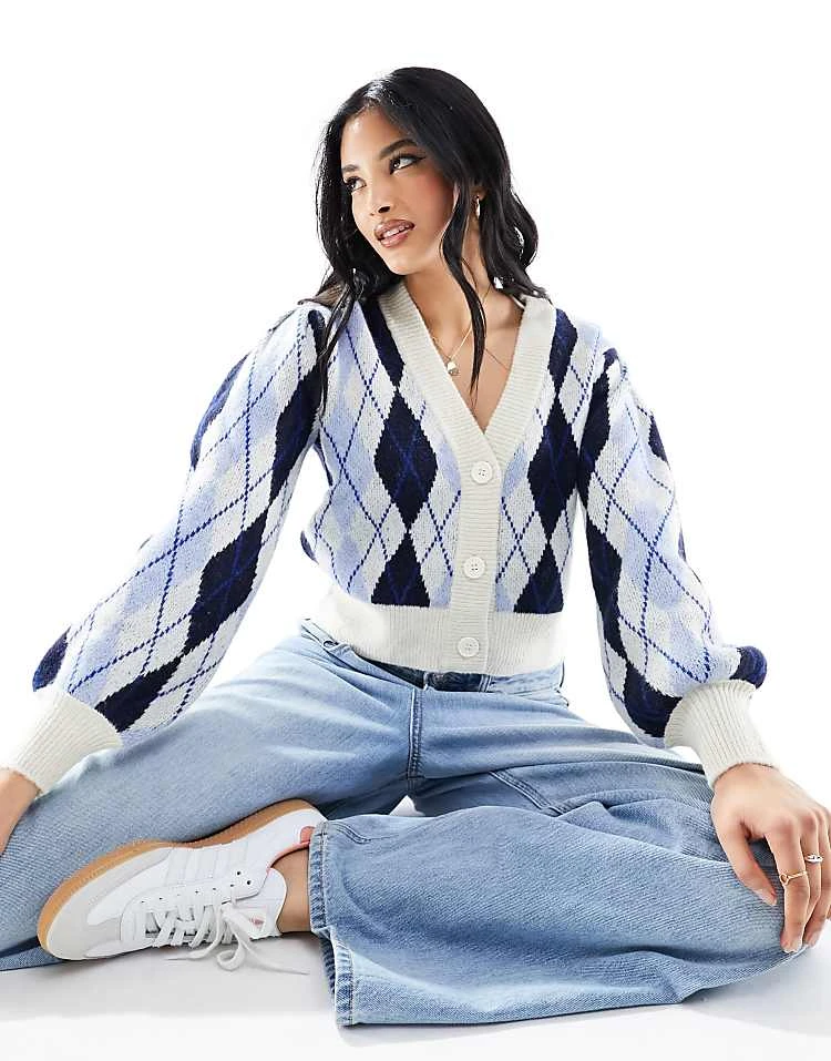Monki Soft Knit Cardigan In Blue Argyle Check For Women 3 Monki Soft Knit Cardigan In Blue Argyle Check For Women