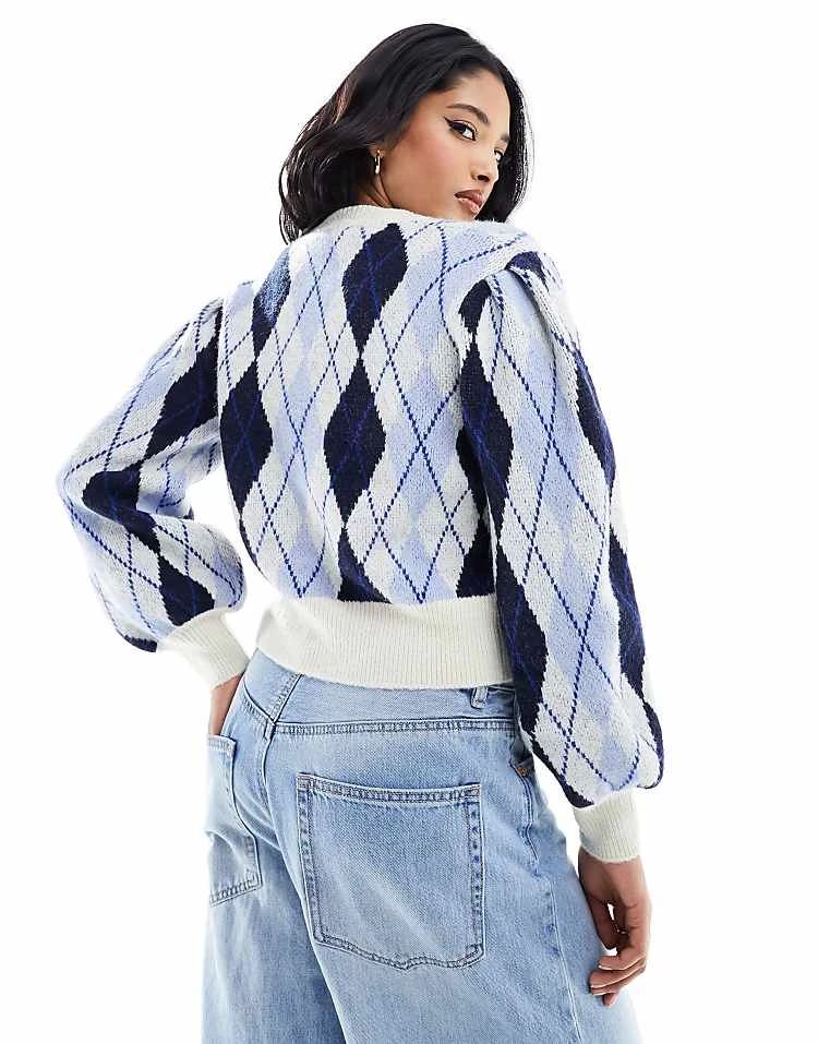 Monki Soft Knit Cardigan In Blue Argyle Check For Women 4 Monki Soft Knit Cardigan In Blue Argyle Check For Women - Image 2