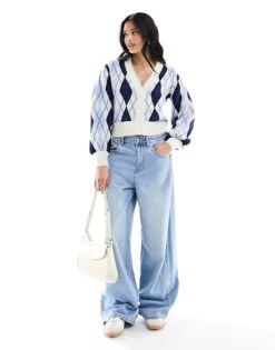 Monki Soft Knit Cardigan In Blue Argyle Check For Women 10 Monki Soft Knit Cardigan In Blue Argyle Check For Women -Monki Shop 205474439 4