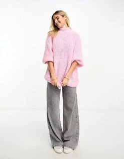 Monki High Neck Chunky Rib Knitted Jumper With Volume Sleeve In Pink For Women