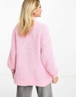 Monki High Neck Chunky Rib Knitted Jumper With Volume Sleeve In Pink For Women -Monki Shop 205490738 4