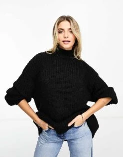 Monki High Neck Chunky Rib Knitted Jumper With Volume Sleeve In Black For Women