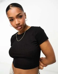 Monki Ribbed Pointelle Long Sleeve Shrunken Top In Black For Women