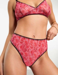 Monki Soft Mesh Thong In Pink Rose Print For Women