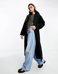Monki Belted Oversized Coat In Black For Women