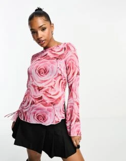 Monki Long Sleeve Boat Neck Top In Red And Pink Rose Print For Women -Monki Shop 205500668 4