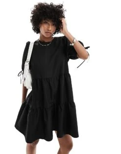 Monki Short Sleeve Mini Tiered Dress With Bow Detail In Black For Women -Monki Shop 205544292 1 black 1