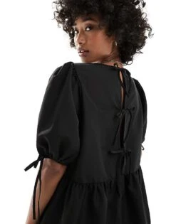 Monki Short Sleeve Mini Tiered Dress With Bow Detail In Black For Women -Monki Shop 205544292 2