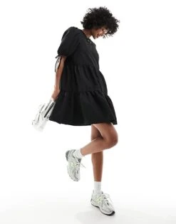 Monki Short Sleeve Mini Tiered Dress With Bow Detail In Black For Women -Monki Shop 205544292 3