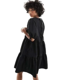 Monki Short Sleeve Mini Tiered Dress With Bow Detail In Black For Women -Monki Shop 205544292 4