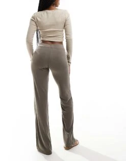 Monki Super Soft Low Waist Wide Leg Jersey Trousers In Khaki For Women -Monki Shop 205621647 2