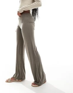 Monki Super Soft Low Waist Wide Leg Jersey Trousers In Khaki For Women -Monki Shop 205621647 4