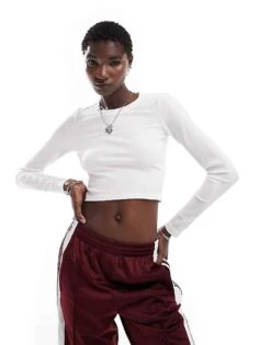 Monki Long Sleeve Ribbed Shrunken Top In White For Women -Monki Shop 205621778 1 white 1