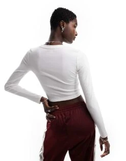 Monki Long Sleeve Ribbed Shrunken Top In White For Women -Monki Shop 205621778 2