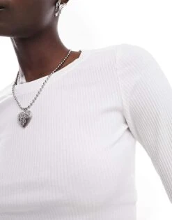 Monki Long Sleeve Ribbed Shrunken Top In White For Women -Monki Shop 205621778 4