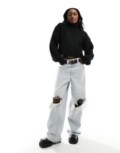 Monki Cropped Knitted Jumper In Black For Women