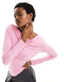 Monki Super Soft Long Sleeve Boat Neck Top In Pink For Women -Monki Shop 205728467 1 pink 1